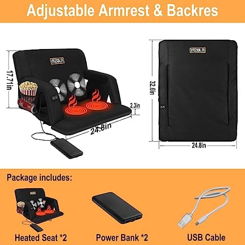 MZQLN Heated Massage Stadium Seats Pack of 2, 25 Inche Folding Bleacher Chair with 10000mAh Portable Power*2, 3 Levels of Heat&Massage, 6 Reclining Positions for Camping, Sports - Thumbnail 2
