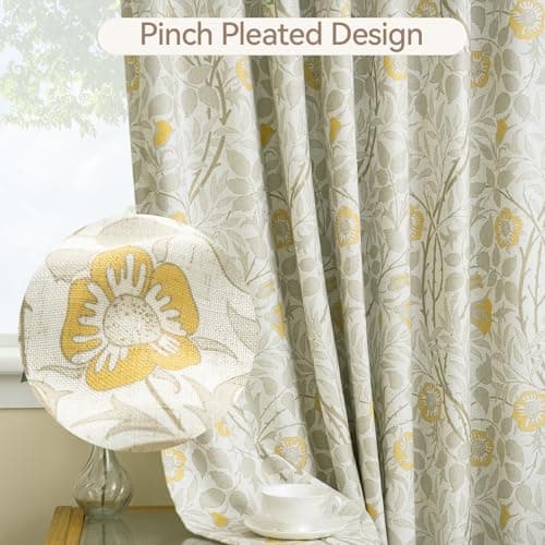 THREE GIRLS Pinch Pleated Blackout Curtains 95 Inches Long - Printed Flower Linen Blend Drapes, Thermal Insulated Double Layer, French Country Farmhouse for Living Room Bedroom, Back Tab Set 2 Panels - Thumbnail 6