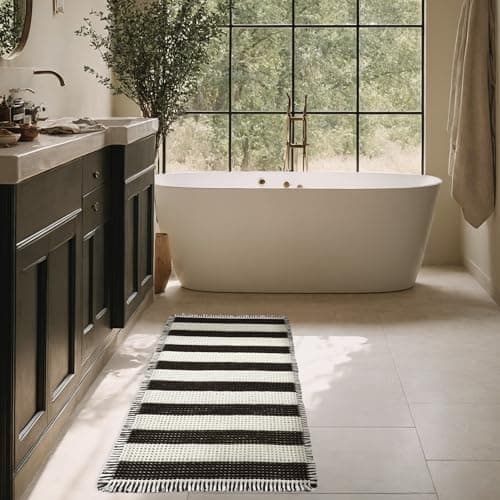 MatEssenz 2x4ft Waffle Bath Mat, Water Absorbing Bath Mat Nonslip Fast Drying Soft Foot Feeling Long Bathroom Rug for Bathroom, Machine Washable Runner Rug withTassels, Black and White Stripes - Thumbnail 3