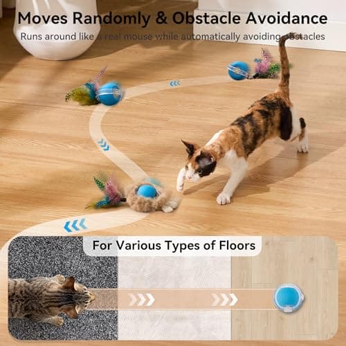 ZOMISIA Interactive Cat Toy Ball, Hide and Seek Cat Toys in Play Mat, Moving Rolling Kitten Toys for Indoor Bored Cats, Motion Activated Rechargeable Kitty Toys with 3 Tails/LED Light/Bird Chirping - Thumbnail 6