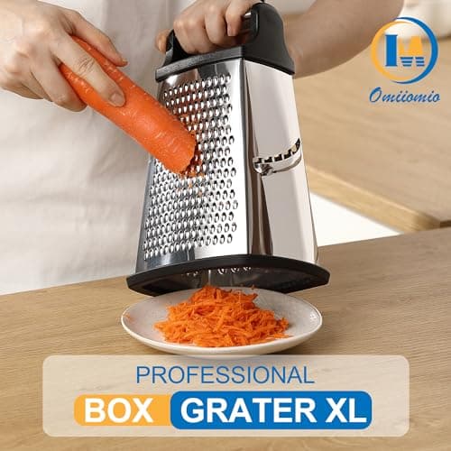 OIM Omiiomio Professional Cheese Grater - Stainless Steel, XL Size, 4 Sides - Perfect Box Grater for Parmesan Cheese, Vegetables, Ginger - Dishwasher Safe - Black - Thumbnail 2