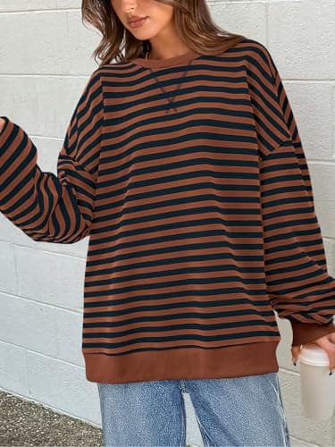 PRETTYGARDEN Women Striped Oversized Sweatshirt Color Block Crew Neck Long Sleeve Casual Pullover Top Spring Y2K Clothes (Brown Navy, Small) - Thumbnail 2
