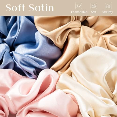 Lolalet Big Satin Scrunchies for Women, 5.9 Inch Large Oversized Scrunchie, Soft Jumbo/Giant Scrunchies Hair Ties for Thick & Curly Hair -4 Pack, Blue/Caramel/Pink/Champagne - Thumbnail 2