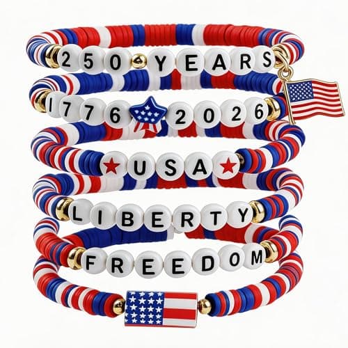 OHOME 4th of July Outfits for Women - 6 Pack 250th Anniversary Patriotic Bracelets | Independence Day Accessories for Fourth of July Party Favors | USA 1776-2026 Freedom Merchandise Jewelry for Women - Image 1