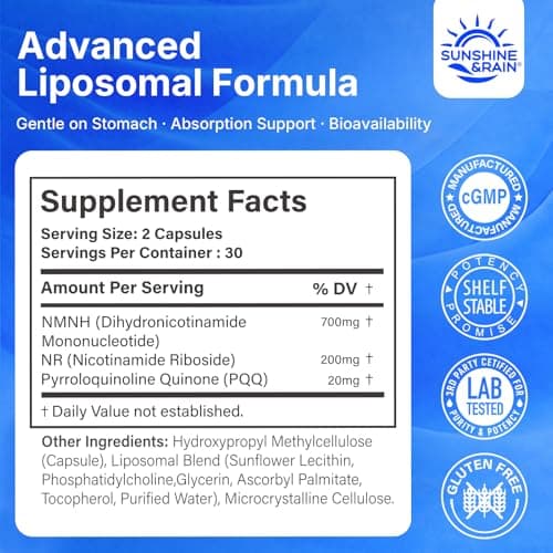 Sunshine & Rain Steady Energy Without Caffeine Crashes – Liposomal NMNH + NR + PQQ Support Capsules for Cellular Energy, Focus & Healthy Aging | 60 Capsules - Thumbnail 2