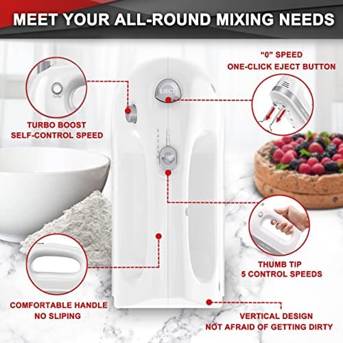 Lord Eagle Hand Mixer Electric Handheld 400W, 5-Speed Lightweight Kitchen Mixer with Storage Case, 5 Stainless Steel Attachments for Baking Cake Egg Cream Food Beater, Turbo+Eject Button - Thumbnail 2