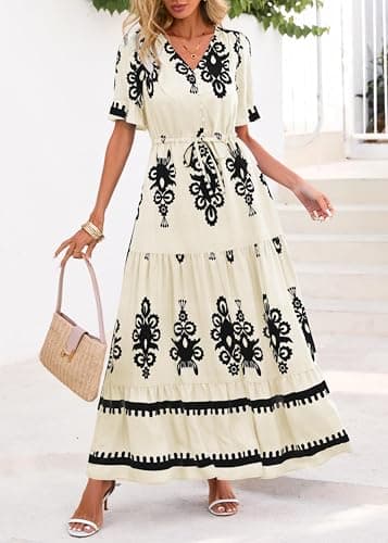 Lazysmile Summer Dresses for Women Short Sleeve V Neck Floral Drawstring Flowy A Line Boho Maxi Dress with Pockets Apricot - Thumbnail 4