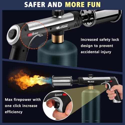 FORENEE Propane Torch Gun 3272°F High Heat Flame Thrower with Safety Lock Adjustable Culinary Blow Torch for BBQ Searing Steak Sous Vide Charcoal Starter and Camping (Tank Not Included) - Thumbnail 2