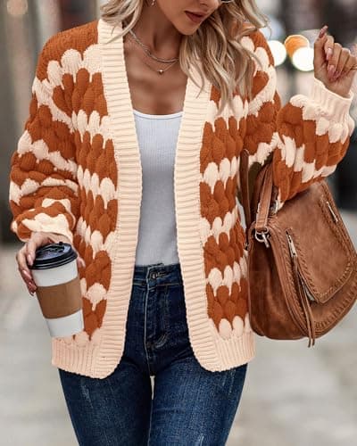 KIRUNDO Womens Sweaters Cardigan Lantern Sleeve Open Front Chunky Cardigan Loose Fashion Color Block Striped Sweater Plus Size Knitwear Halloween Cardigan(Orange, Medium) - Thumbnail 5