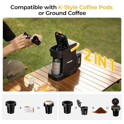 BougeRV Coffee Maker with 18V 8Ah Battery Powered Compatible with K Cup Coffee Pods & Ground Coffee, Portable Coffee Maker Cordless with AC/DC Power for Travel, Camping, Outdoor, Jobsite, RV, Home - Thumbnail 3