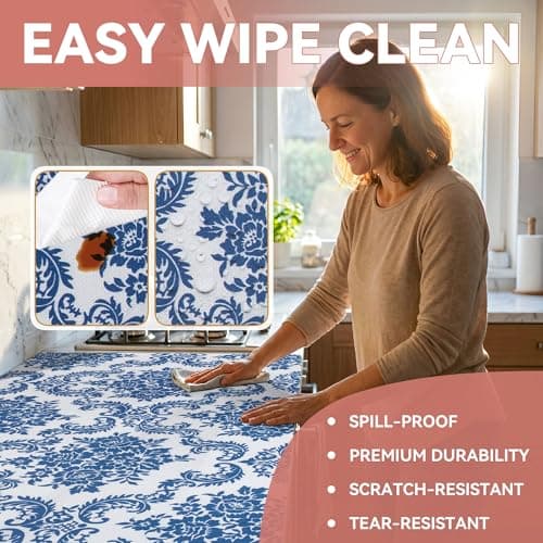 RAY STAR 18" x 8 Ft Shelf Liner for Kitchen Cabinets, Non-Adhesive Cabinet Liner Washable, Drawer Liner for Dresser Non-Slip Bathroom [Blue Damask] - Thumbnail 4