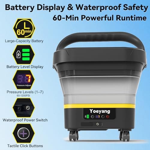 Portable Cordless Pressure Washer with Tank: 1200 PSI Foldable Power Washer – 3.4 Gal Tank, 7-Level Adjustable Sprayer & 360° Nozzle – Compact Electric Cleaner for Car, Garden, Patio, Camping(Yellow) - Thumbnail 3