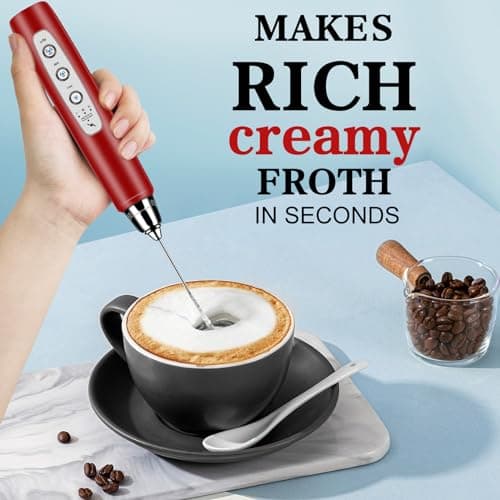 BSRGMS Milk Frother Handheld for Coffee, Electric Whisk 3 Speed Adjustable, Drink Mixer with Stainless 3 Whisks, Rechargeable Hand Frother Wand, Foam Maker for Latte Cappuccino Hot Chocolate Egg Red - Thumbnail 5