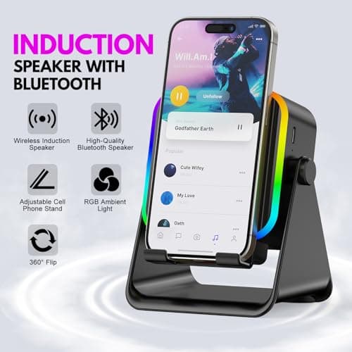 TARKARI Wireless Induction Speaker, 5 in 1 Bluetooth Speaker with Phone Stand, Charging Function 360° Rotation Phone Holder Compatible with iPhone Android iPad Samsung, Birthday Gifts for Men Women - Thumbnail 2