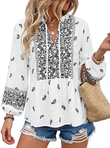 MASCOMODA Women Boho Babydoll Tops Spring Summer Casual V Neck Peplum Long Sleeve Blouses Flowy Shirts Beach Vacation Clothes(White Black Flower,X-Large) - Image 1
