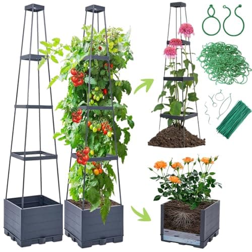2 Pack Tomato Planter Box with Trellis for Climbing Plants Outdoor - Self Watering Raised Garden Bed Tomato Pot - 55" Tomato Cage Garden Trellis Plant Support for Vine Vegetables Herbs Flowers Indoor