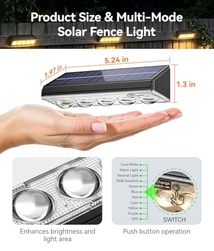 KOOPER Solar Fence Lights Outdoor Waterproof, 8 Pack Warm White & 9 Fixed Colors & Color Changing Fence Lights Solar Powered, Solar Lights Outdoor Fence for Outside Backyard Railing Patio Wall Deck - Thumbnail 5