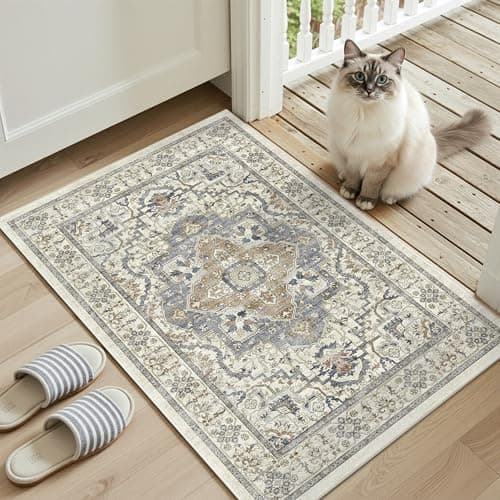 EiniHliw Washable Entryway Runner Rug - 2x3 Kitchen Rug Distressed Low Pile Mats Non Slip Soft Rugs for Dining Room with Rubber Backing Bedroom Runner with Vintage Design (Beige/Blue 2x3)