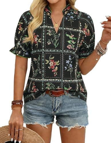 GRACE KARIN Womens Boho Tops Summer Spring Cotton Floral Blouses Short Sleeve Print Shirts V Neck Beach Vacation Clothes 2026 Black Plaid Small - Image 1