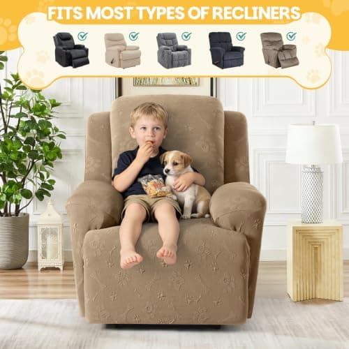 Ruaozz Recliner Chair Covers, 4-Pieces Recliner Cover Stretch Paw Bone Prints Reclining Chair Slipcovers Soft Furniture Protector with Pockets for Lazy Boy Recliner (1 Seat, Light Coffee) - Thumbnail 5