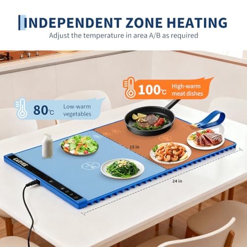 Garvee Electric Food Warming Mat for Countertop, 24x15 in, Dual Zone Control, Portable Silicone Food Warmer Pad Tray with Timer & 6 Temp Levels for Buffet Party, Easy to Clean, Blue - Thumbnail 3