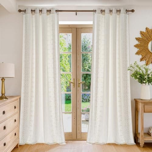NICETOWN 102 Inches Long Curtains, Ivory White Boho Embroidered Cream Linen Textured Extra Long Drapes for High Ceiling, Geometric Pattern Window Treatment for Living Room/Loft, W52” x L102“ - Image 1