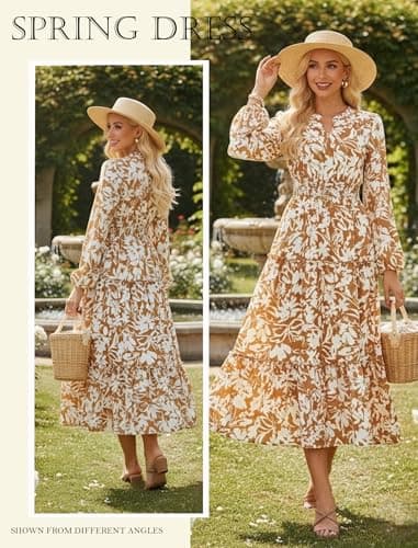 GRACE KARIN Women's Floral Maxi Dress 2026 Fall Long Sleeve V Neck Empire Waist A Line Flowy Dress with Pocket Yellow L - Thumbnail 3