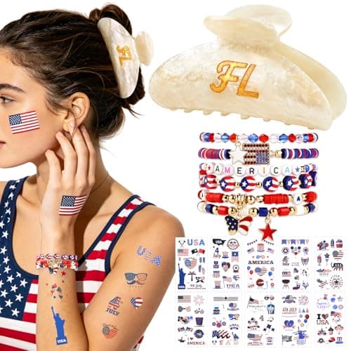GIRLOLIIAR 4th of July Accessories for Women, Red White and Blue Outfit Bundle with Patriotic Hair Claw Clip, America Bracelets & USA Tattoos for 250th Anniversary Party Favors, Memorial Day Decor, FL - Image 1