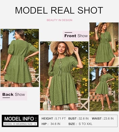 Dokotoo Green Dresses for Women Eyelet Dresses 2026 Tie Front V Neck Cotton Midi Dress Short Sleeve A Line Hollow Out Embroidered Dress Fashion Elegant Tie Tie Front Dresses Medium - Thumbnail 2