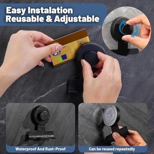 warlve No-Drill Suction Cup Razor and Shaver Holder, Stainless Steel Shower Hook for Towel & Loofah, Damage-Free Reusable Bathroom Wall Organizer 2 Pack Matte Black - Thumbnail 4