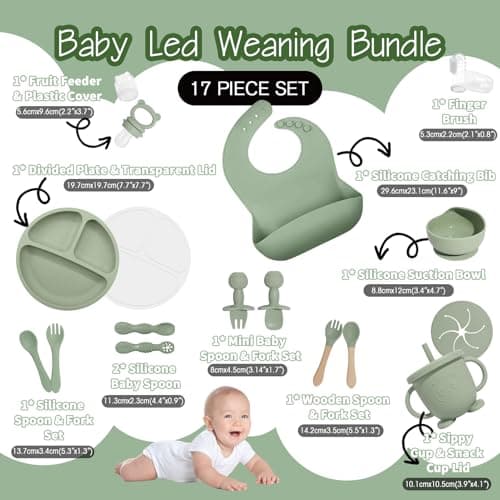 Baby Led Weaning Supplies, 17 Piece BPA-Free Silicone Feeding Set, Eating Essentials Baby Utensils with Suction Plate and Bowl, Pocket Bib, Sippy Cup with Lid, for 6+ Months, Green - Thumbnail 2