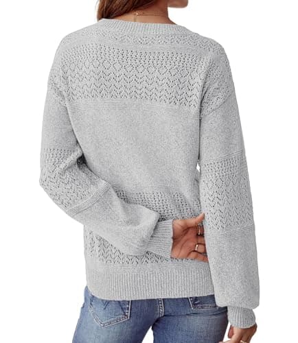 NORACORA Womens V Neck Fall Sweaters 2025 Casual Long Sleeve Ribbed Knit Pullover Lightweight Crochet Pullover Sweater Tops Grey - Thumbnail 4