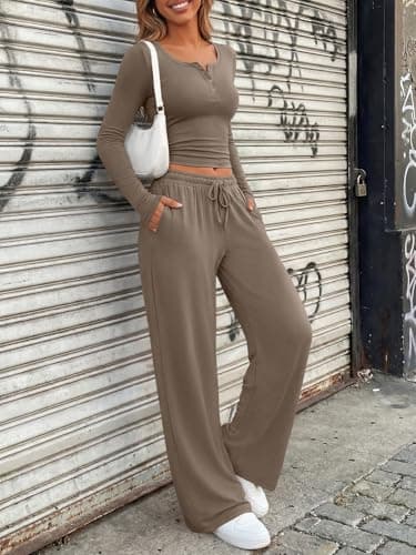 Trendy Queen Women's 2 Two Piece Matching Lounge Sets 2026 Airport Travel Fall Fashion Outfits Crop Top Wide Leg Pants Sweat Suits Workout Gym Y2k Clothes Casual Sweatsuit Loungewear Winter Clothing - Thumbnail 5