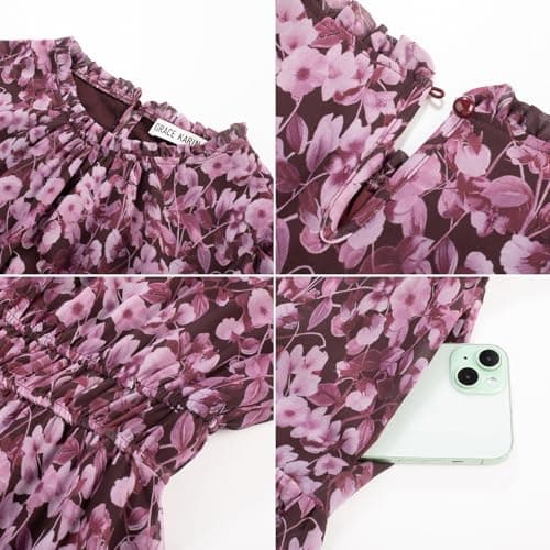 GRACE KARIN Long Sleeve Fall Dresses for Women Chiffon Flowy Long Dress Floral Swing Ruffle Tea Party A Line Dress Purple L - Thumbnail 5