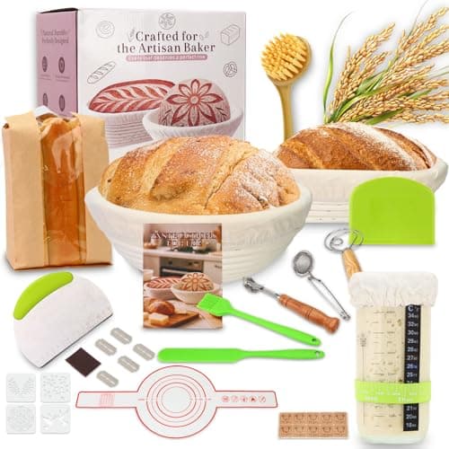 Tomshub Sourdough Starter Kit,9 Inch Round & 10 Inch Oval Banneton Bread Proofing Basket with Dough Whisk Bread Lame Dough Scraper Bowl Scraper Silicone Brush Sourdough Bread Baking Supplies