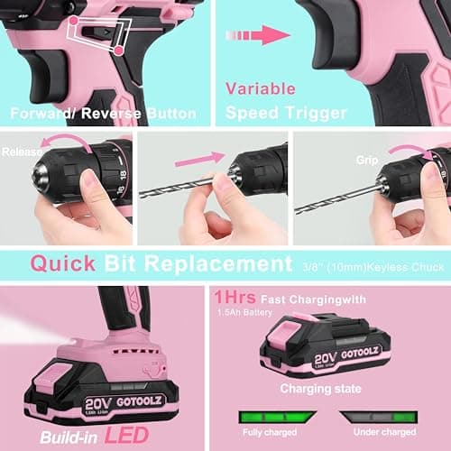 Cordless Drill Set, 293-Piece Household Tool Kit with 20V Electric Drill, Power Drill Sets Repairing Kit, Electric Screwdriver Driver Tool Kit for Home Maintenance, DIY and Crafts(Pink 2026) - Thumbnail 3
