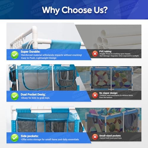 MUSCCCM Pool Float Storage Organizer 288 Gallon Pool Storage Bin - Easy Assembly Mesh Rolling Cart with Ample Space for Noodles,Water Sports Gear & Towels Outdoor Poolside & Lawn (62"x32"x35") - Thumbnail 6