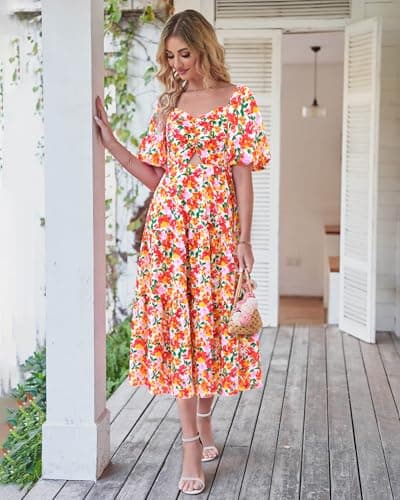 BTFBM Summer Dresses for Women 2026 Spring Outfits Beach Vacation Short Sleeve Smocked Boho Casual Floral Maxi Dress(Floral White Red, Large) - Thumbnail 2