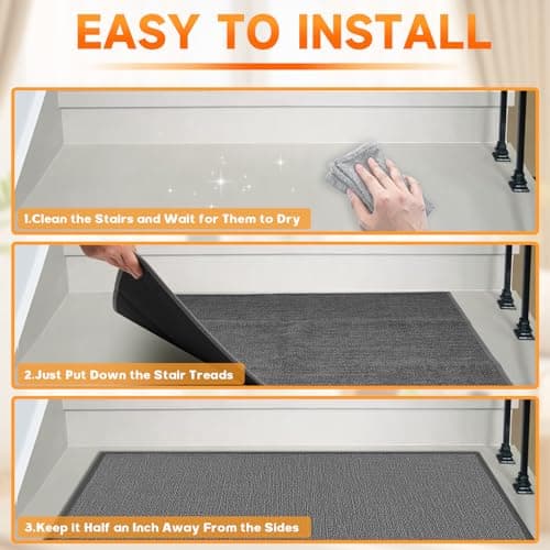 Stair Treads with Non-Slip Rubber Backing, Stair Treads for Wooden Steps, Indoor Stair Carpet Runners, Stair Rugs and Mats for Kids and Dogs, Gray, 30" x 30" in - Thumbnail 6