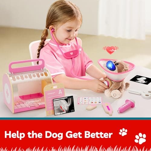 TOP BRIGHT Doctor Kit for Toddlers 3-5, Pretend Play Doctor Set with Pink Veterinarian Costume, DR Kit Dress Up Toys for Kids, Role Play Dog Vet Playset, Christmas Birthday Gifts for Girls Boys 3 4 5 - Thumbnail 4