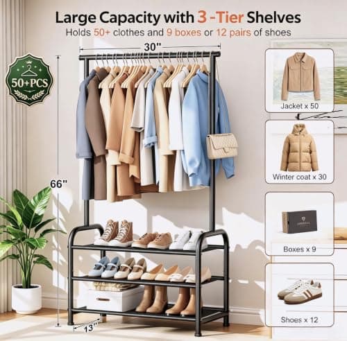 MISSLO Sturdy Clothing Racks for Hanging Clothes with 3 Shelves Garment Rack Heavy Duty Clothes Rack with Shoe Storage for Coats, Garment, Dress, Black - Thumbnail 3
