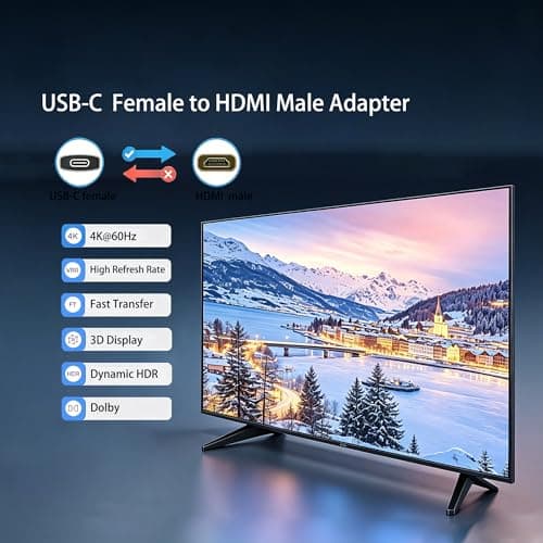 USB-C Female to HDMI Male Adapter 4K 60Hz, Uni-Directional Video Converter for Thunderbolt 3/4/5, Compatible with MacBook Pro/Air, iPhone 17 [Includes 6.6Ft USB-C Video Cable] - Thumbnail 2