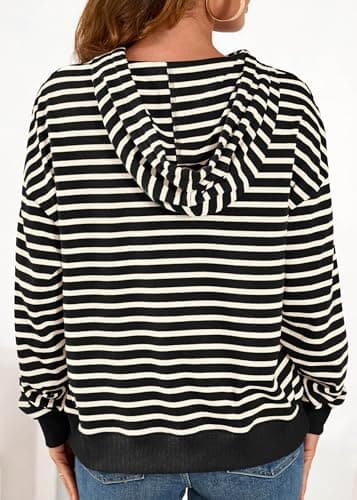 KIRUNDO Sweatshirt For Women Casual Loose Striped Long Sleeve Drawstring Hoodie Pullover Hooded Tops Fashion Clothing(Black, XX-Large) - Thumbnail 2