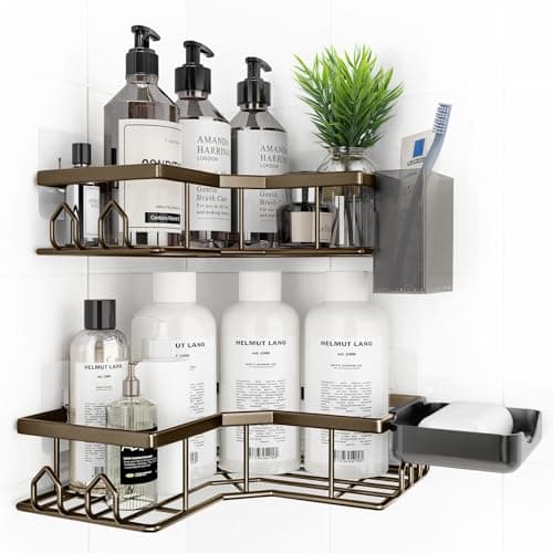QHMCHLDZ Adhesive Shower Caddy, 4 Pack Corner Bath Organizer, Rustproof Stainless Steel Shower Shelves with Large Capacity, No Drilling Shelves for Bathroom Storage, Home, Kitchen Decor(Brown). - Image 1