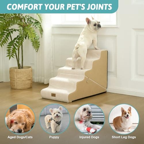 COZY KISS Dog Stairs for Small Dogs, 3-Step 2 in 1 Transformable Pet Stairs for Couch and Bed, 15.7" H Dog Steps for Old Cats, Puppy, Small Dogs (Beige, 17.7x33x22.4 in, 5.0) - Thumbnail 6