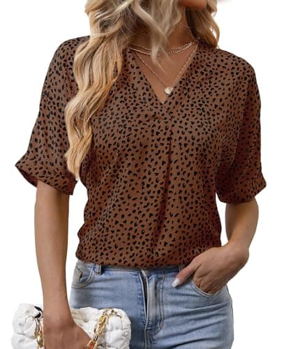 Short Sleeve Blouses for Women Leopard Print Summer Top Dressy Casual Business 3/4 Sleeve Cold Shoulder Chiffon Shirts - Image 1