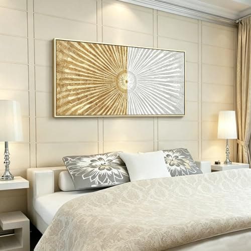 20"x40" Framed Canvas White and Gold Wall Art Symmetrical Line Abstract Modern Wall Decor Art for Living Room Bedroom Bathroom Office Wall Decor - Thumbnail 6