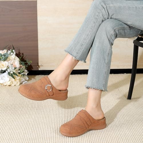 Goldnut Comfortable Clogs for Women with Arch Support - Brown Closed Toe Slip On Mules, All Day Wear Casual Dressy Shoes Size 7 - Thumbnail 2