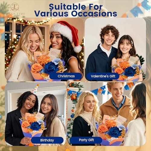 TINGE TIME Preserved Flowers Bouquet, Orange & Navy Blue Roses Gift Bouquet, Eternal Roses Bouquet for Wedding, Table Centerpieces, Mothers Day, Birthday Gifts, Anniversary, Graduation - Thumbnail 3