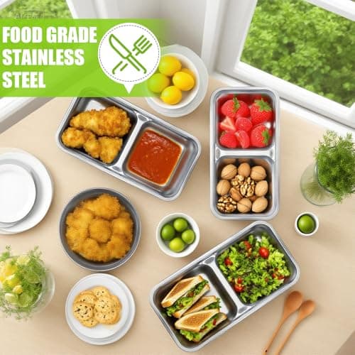 luperasol 6 Pack Stainless Steel Snack Containers with Silicone Lids, Grab and Go Stainless Steel Double Compartment Lunch Box Reusable Home, Travel With 100PCS Mini Bamboo Forks - Thumbnail 4